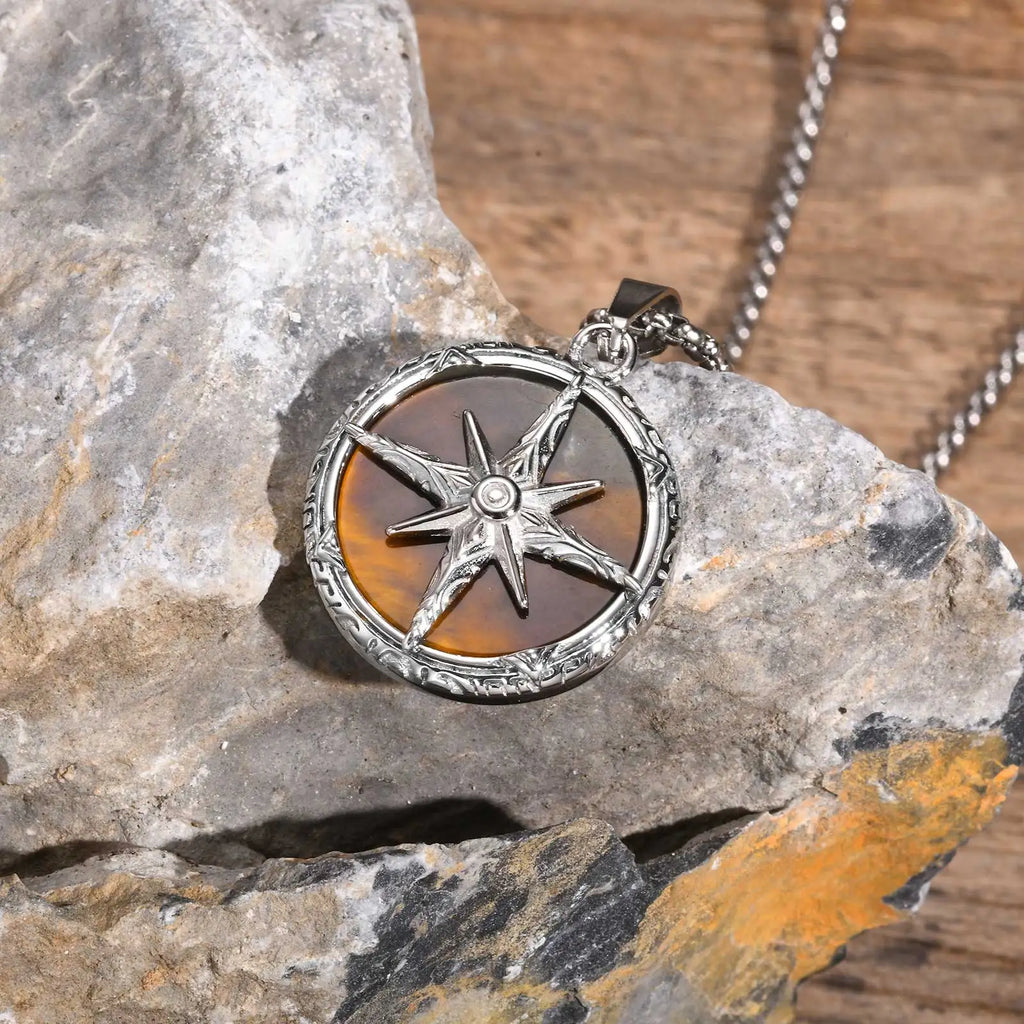 Compass Pendant with Natural Stone – Stainless Steel Star Necklace for Men