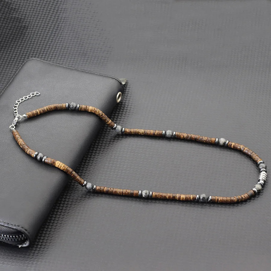 Natural Coconut Husk & Volcanic Stone Necklace – 5mm Tribal Collar for Men