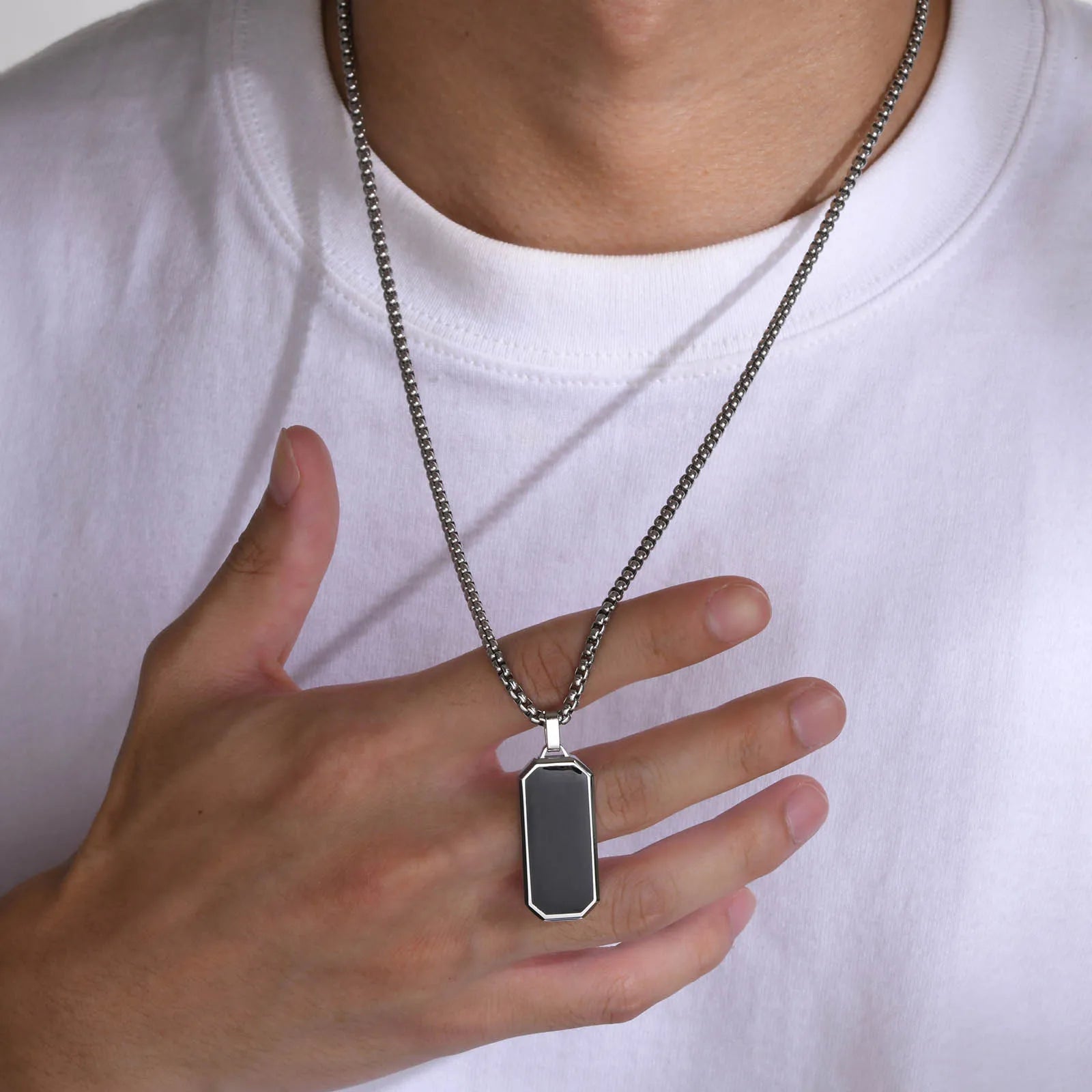 Geometric Black Bar Pendant – Waterproof Stainless Steel Necklace for Men