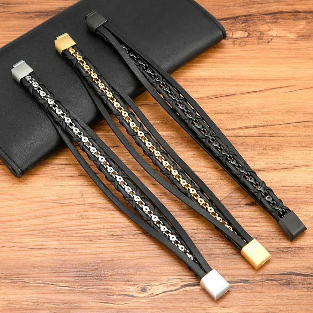 ForgeLayer | Multilayer Leather Bracelet with Chain Detail & Magnetic Clasp