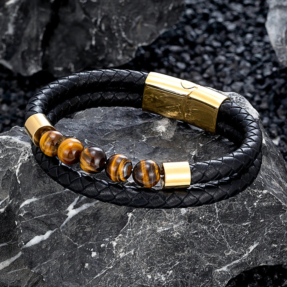 Double-Layer Leather Bracelet with Natural Stone Beads | Gravín Edge