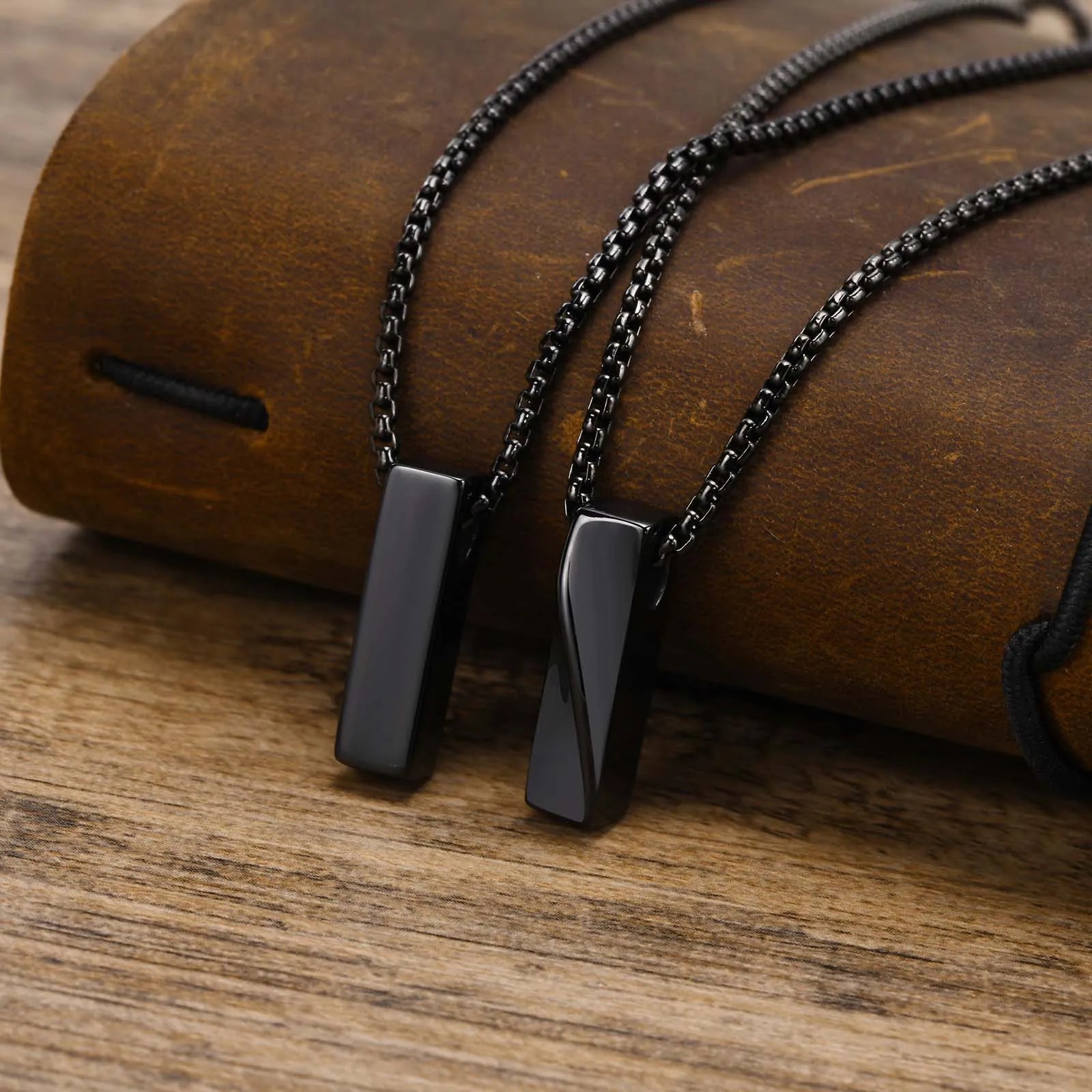 Geometric Black Bar Pendant – Waterproof Stainless Steel Necklace for Men