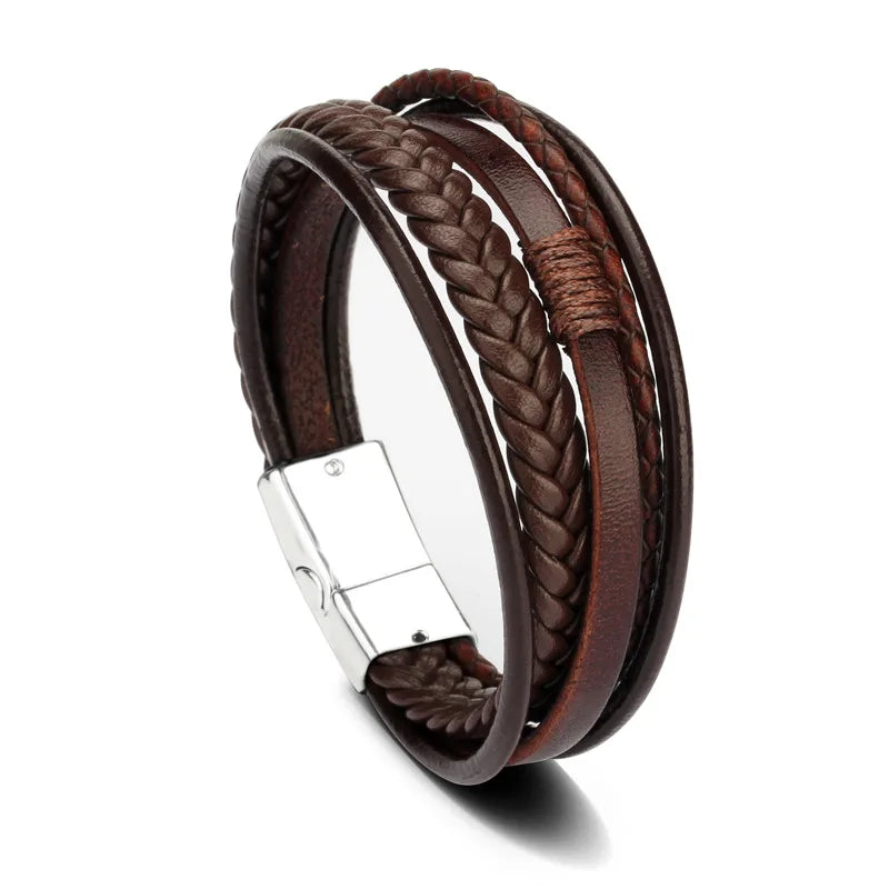 Gravín Layered Leather Bracelet – Braided & Steel Combo