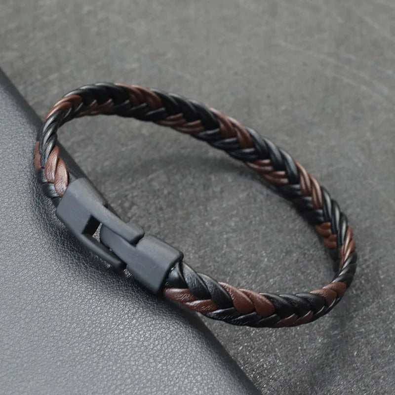 Classic Woven Leather Bracelet – Matte Black Buckle