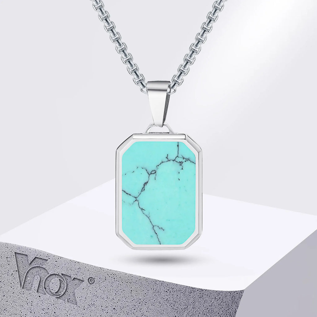 Geometric Turquoise Stone Pendant – Stainless Steel Necklace for Men