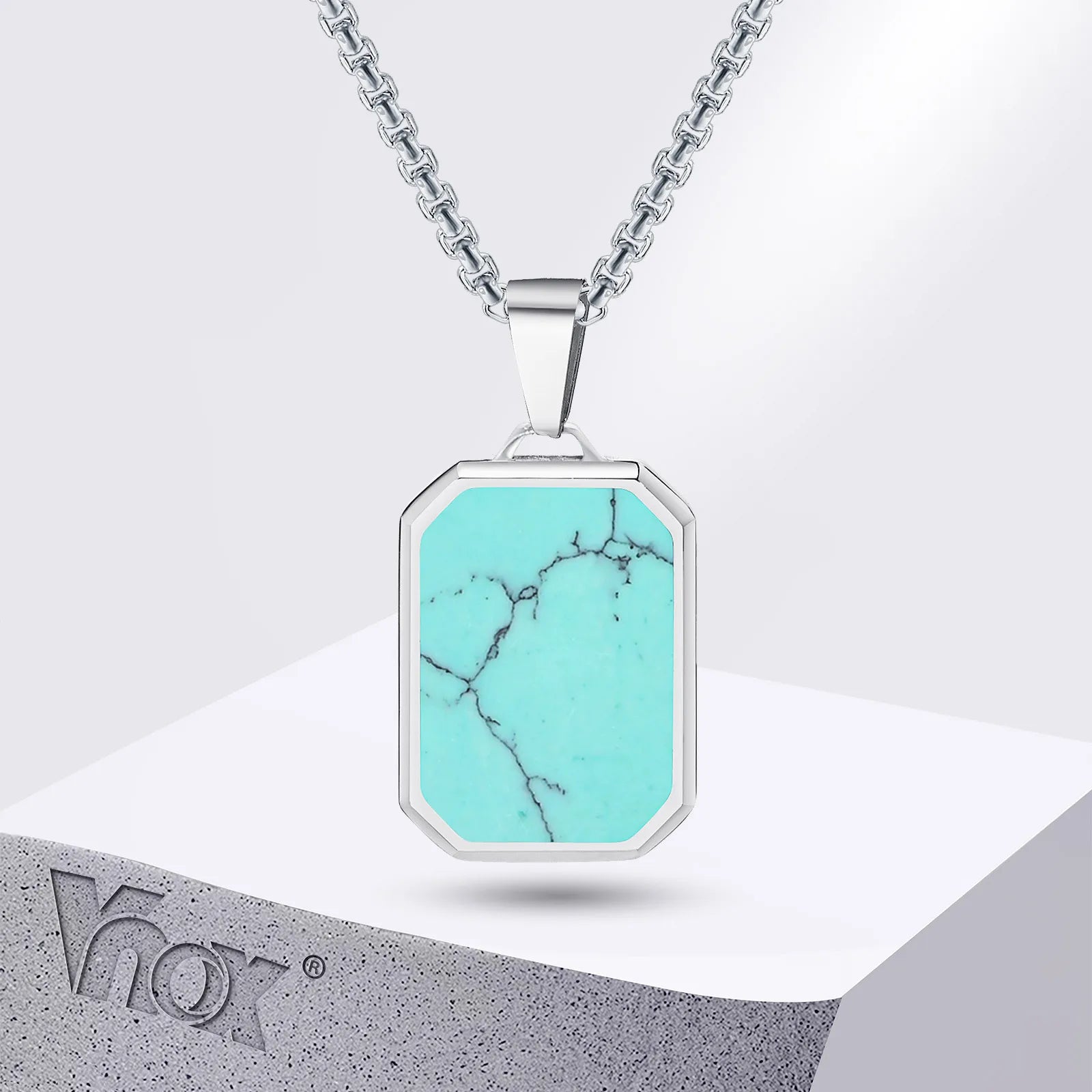 Geometric Turquoise Stone Pendant – Stainless Steel Necklace for Men