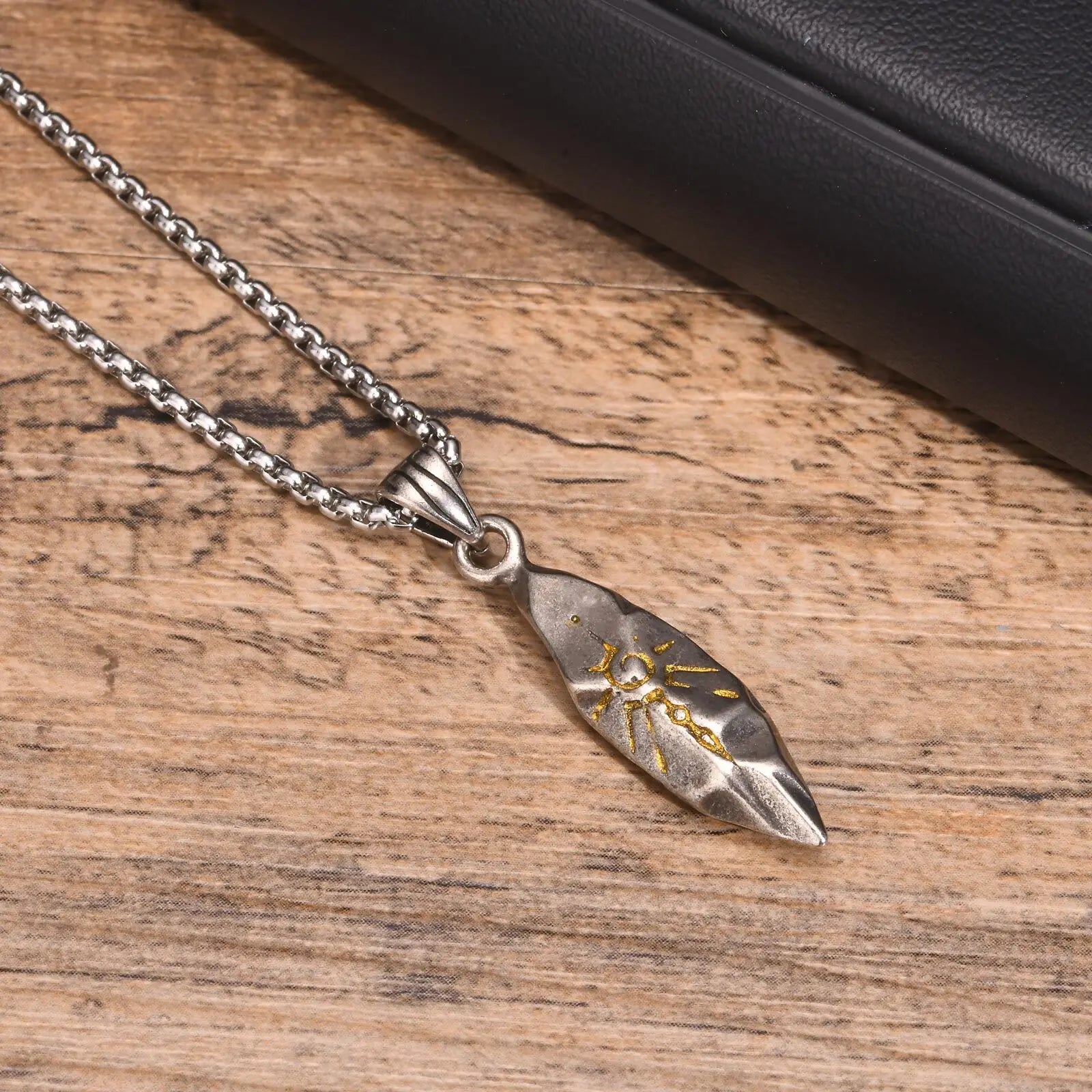 Sun-Touched Feather Pendant – Stainless Steel Wishing Stone Necklace for Men