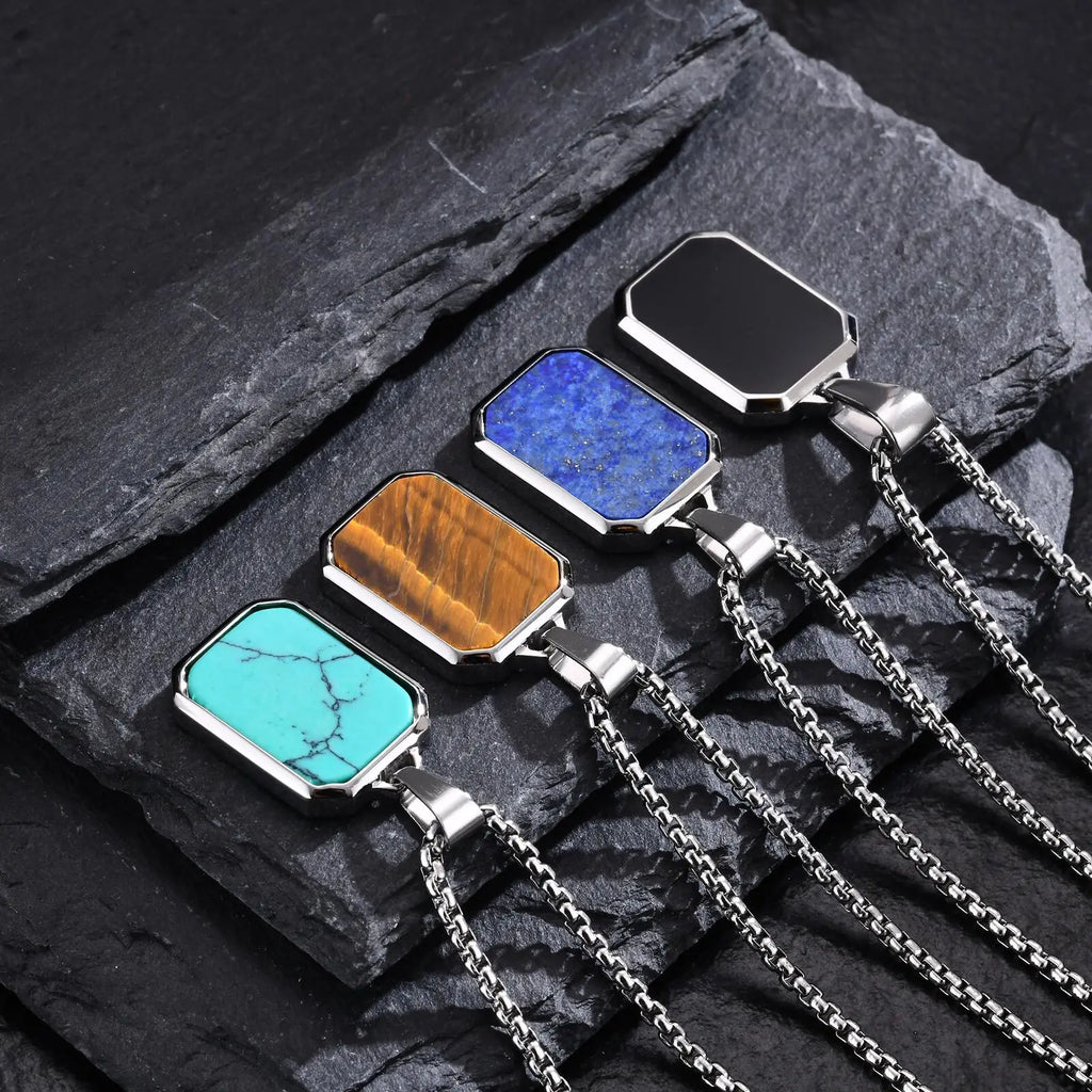 Geometric Turquoise Stone Pendant – Stainless Steel Necklace for Men