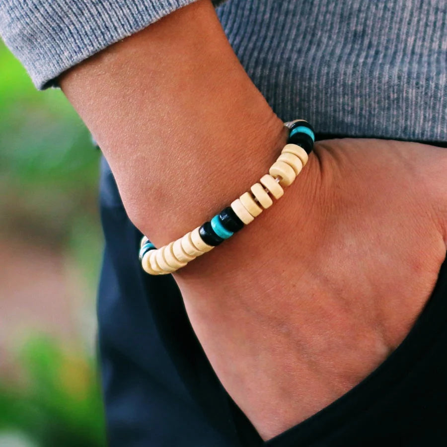 Nomad Wood | Handmade Bracelet with Turquoise Accents – Natural 8mm Beads