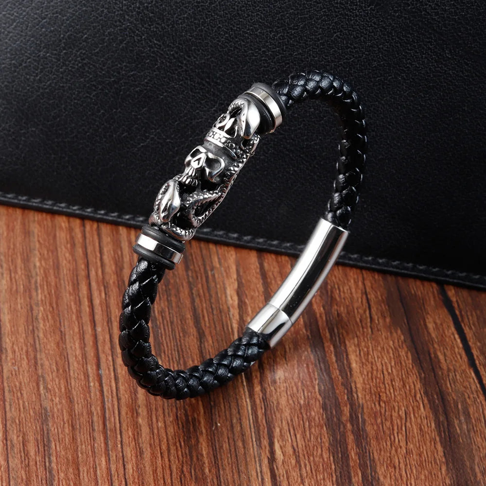Rebel Skull Leather Bracelet – Braided Rope with Polished Steel | Gravín Rebel