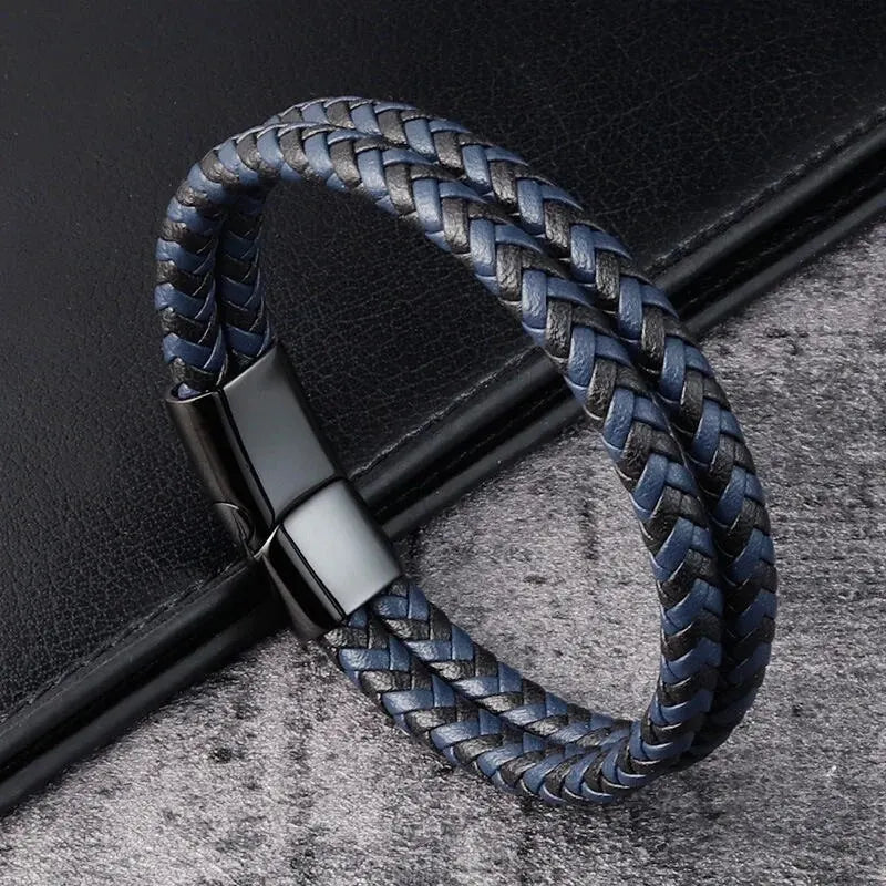 Double Braided Leather Bracelet – Black & Blue Edition