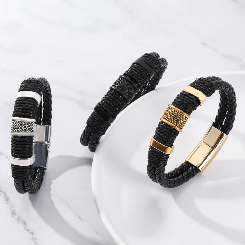 Dual-Layer Leather Bracelet with Stainless Steel Accent
