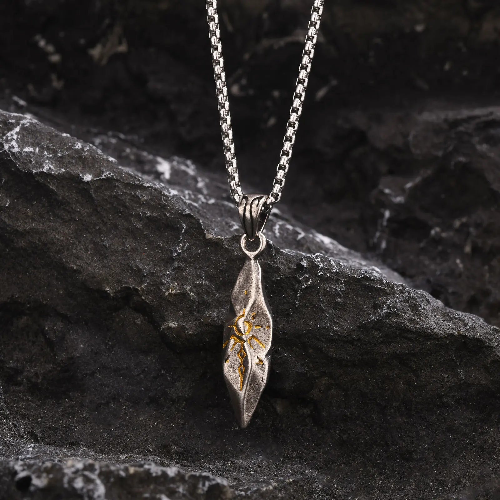 Sun-Touched Feather Pendant – Stainless Steel Wishing Stone Necklace for Men
