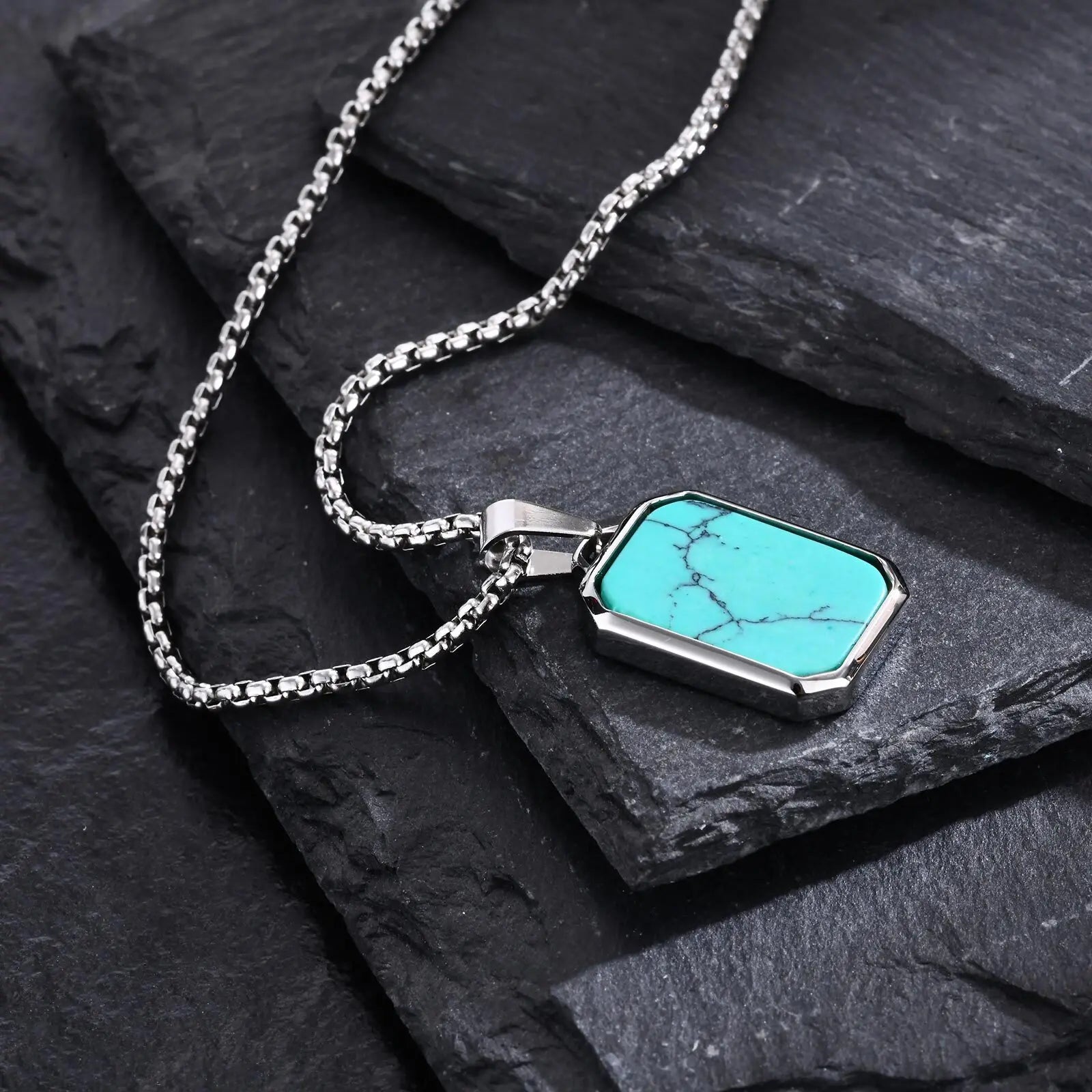 Geometric Turquoise Stone Pendant – Stainless Steel Necklace for Men