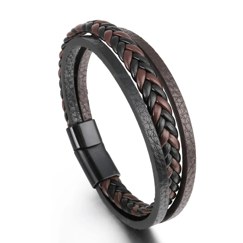 Gravín Layered Leather Bracelet – Braided & Steel Combo