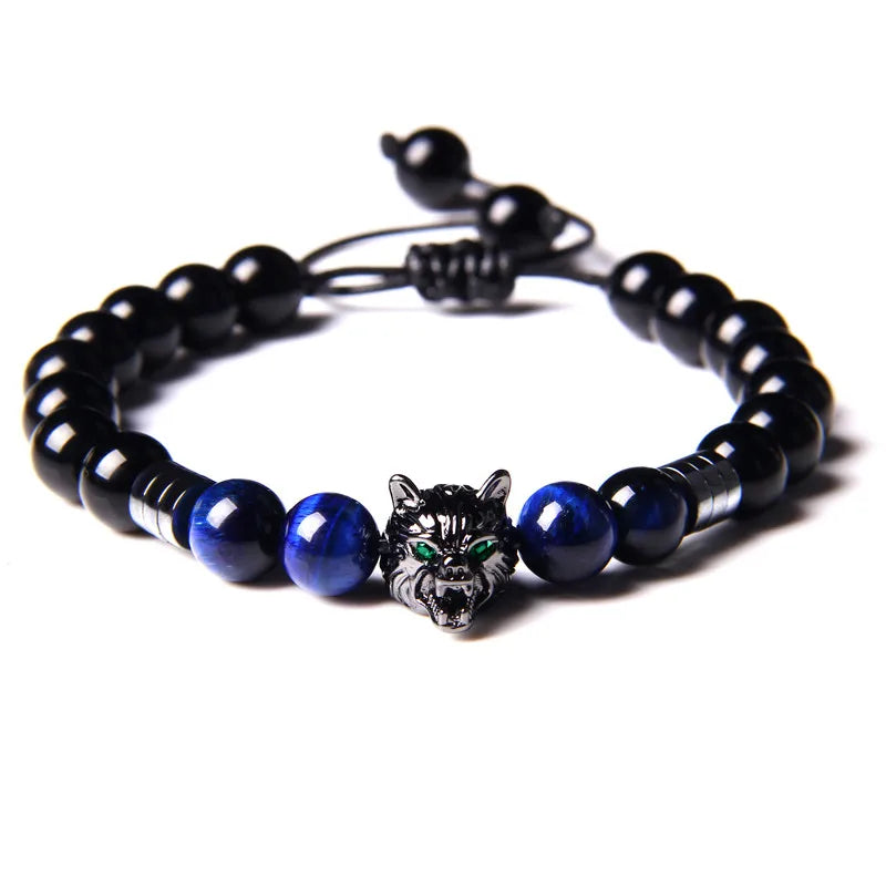 Alpha Wolf Lava Stone Bracelet – Blue Tiger Eye Beads | Gravín Totem