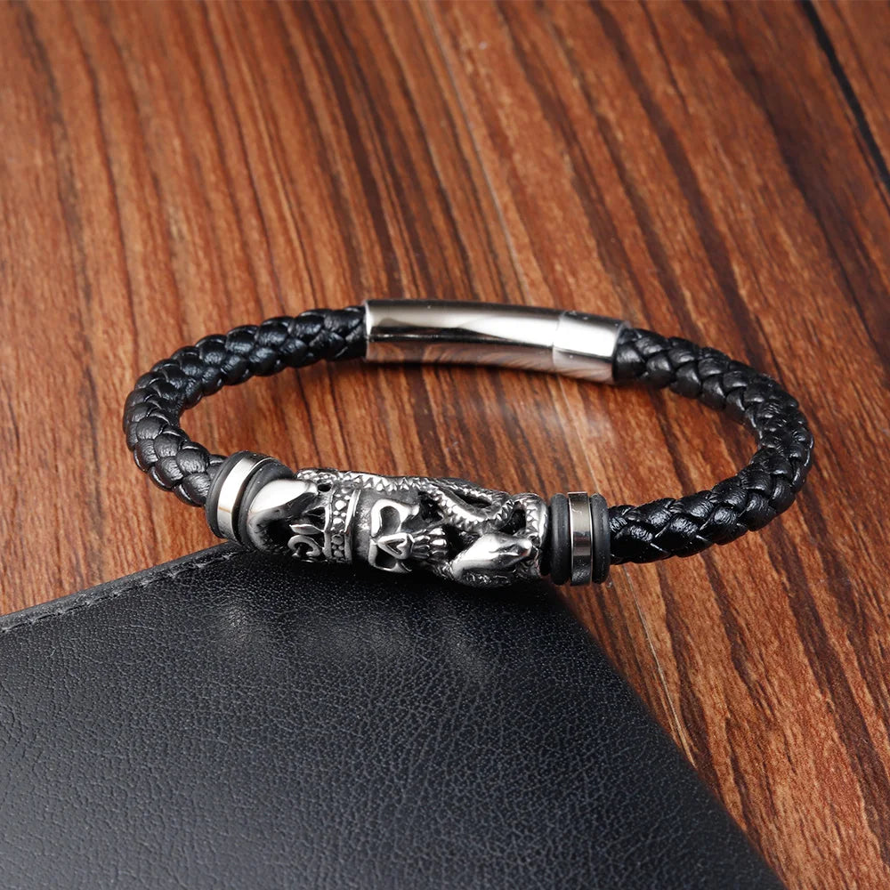 Rebel Skull Leather Bracelet – Braided Rope with Polished Steel | Gravín Rebel