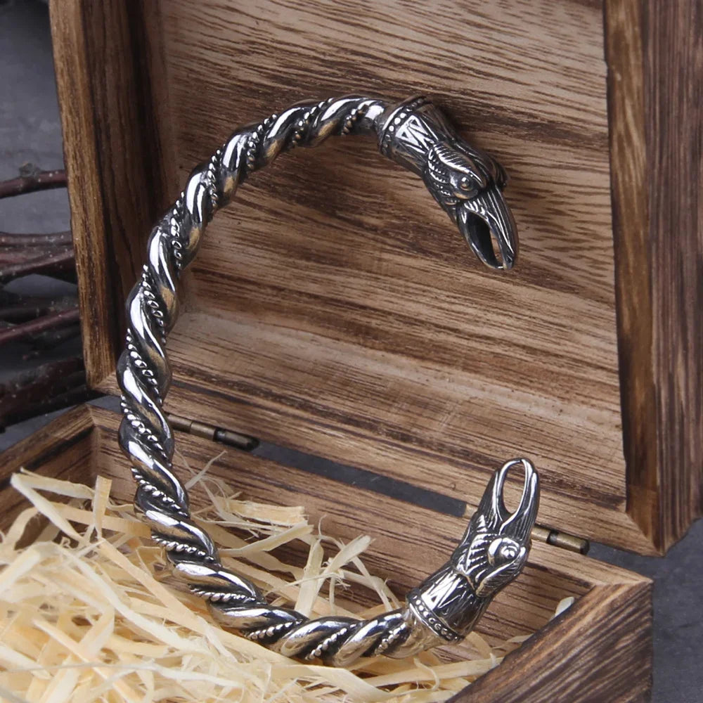 Raven Fang Cuff – Viking Steel Bracelet with Wooden Box