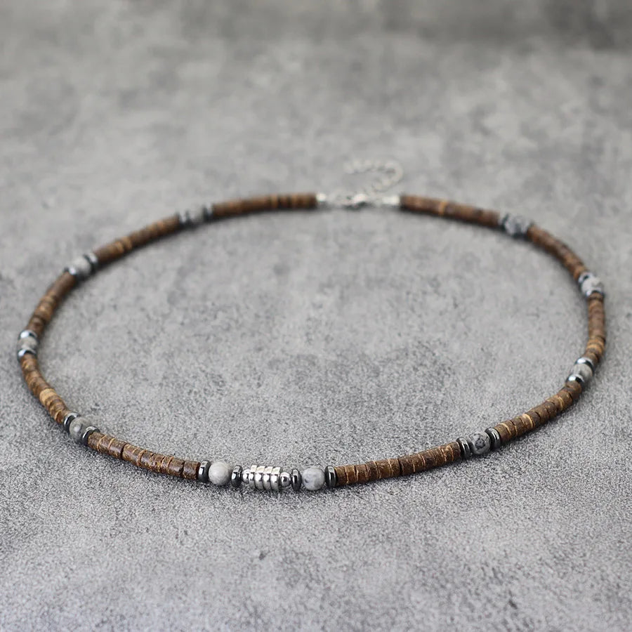 Natural Coconut Husk & Volcanic Stone Necklace – 5mm Tribal Collar for Men