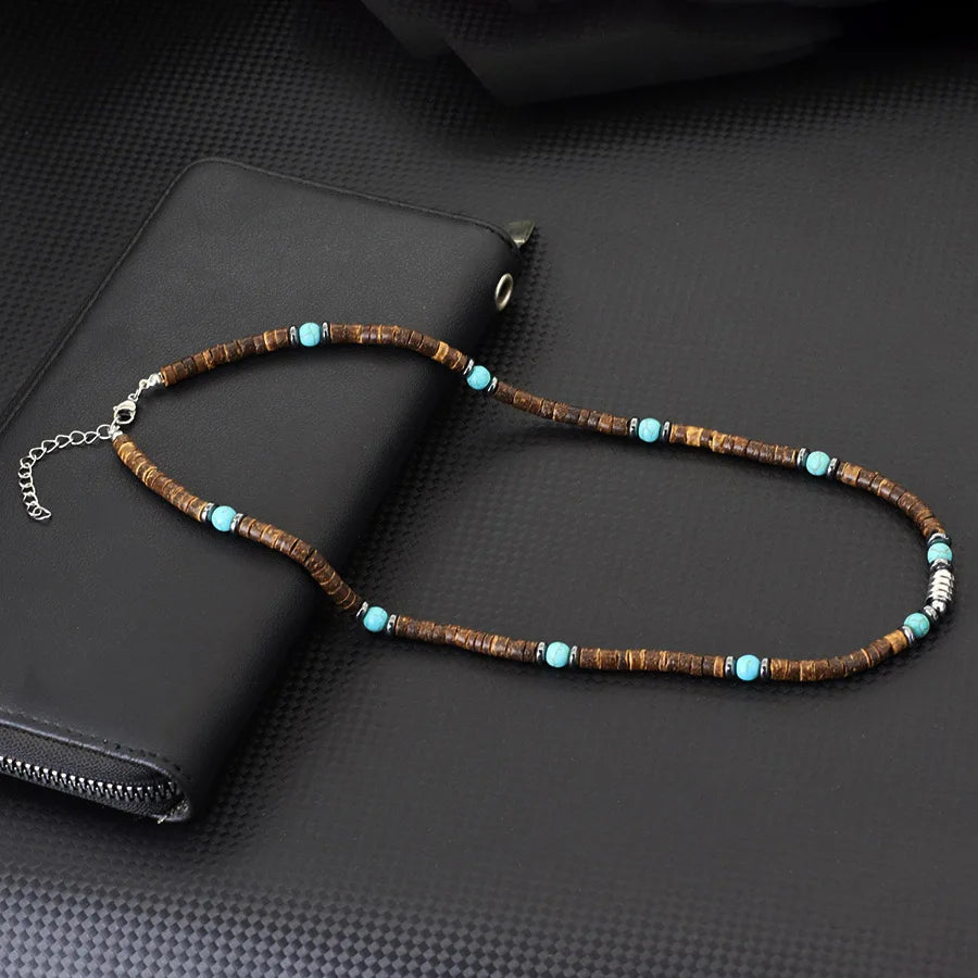Natural Coconut Husk & Volcanic Stone Necklace – 5mm Tribal Collar for Men