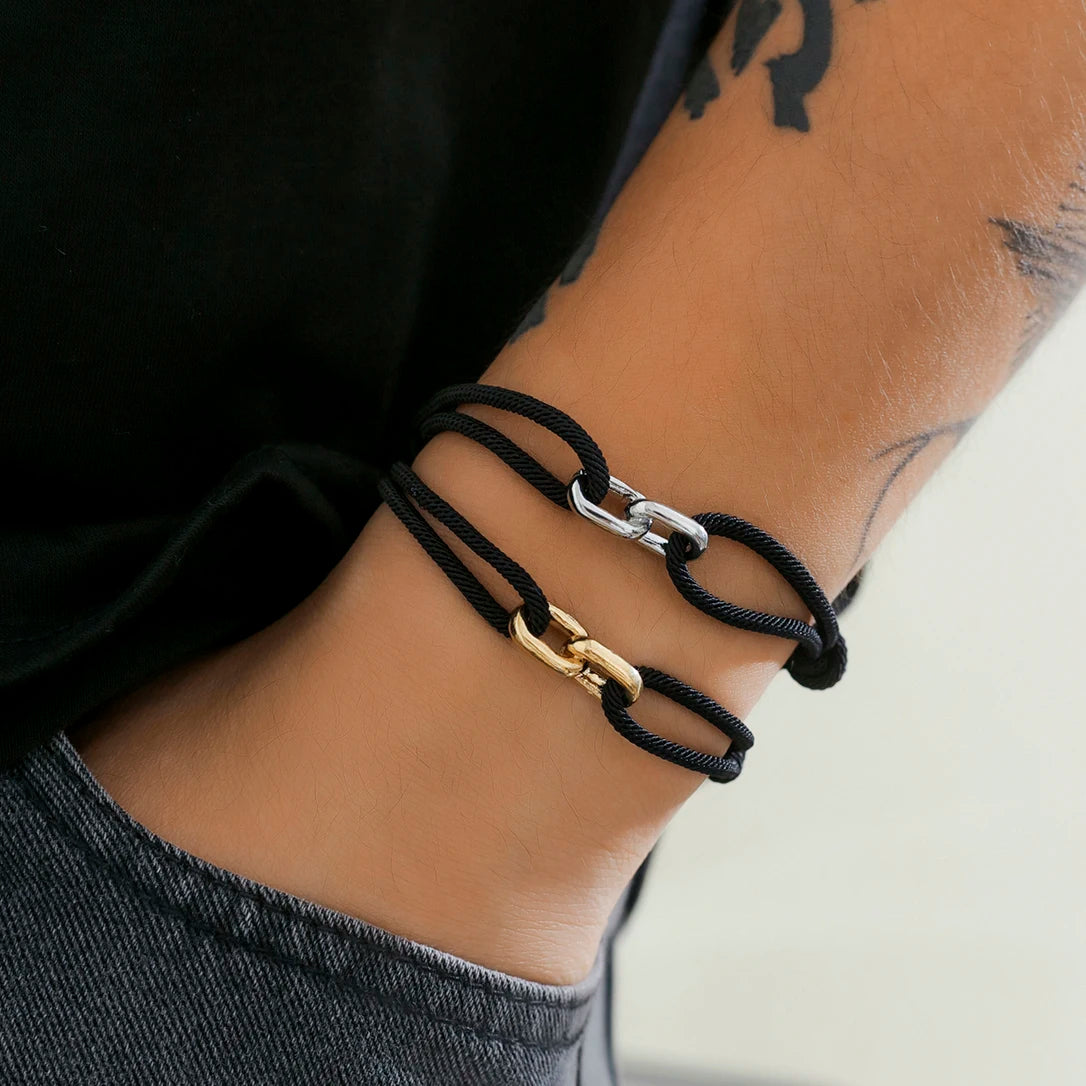 Urban Link Rope Bracelet – Adjustable Black Cord with Dual Metal Hook | Gravín Street