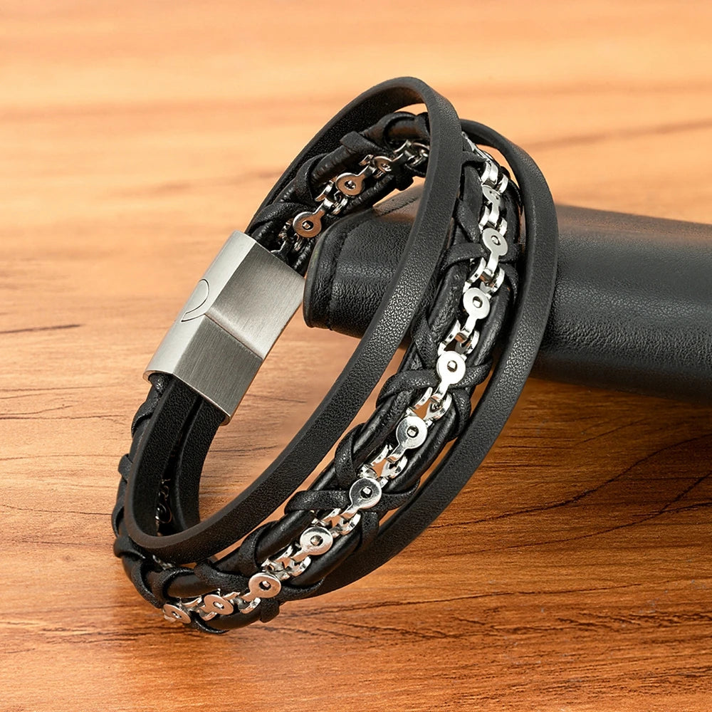 ForgeLayer | Multilayer Leather Bracelet with Chain Detail & Magnetic Clasp