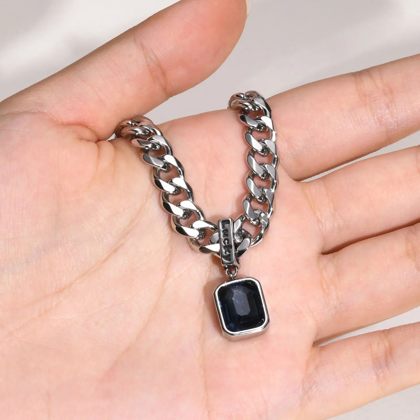 Cuban Chain Necklace with Square Blue Stone – Stainless Steel Pendant Jewelry for Men