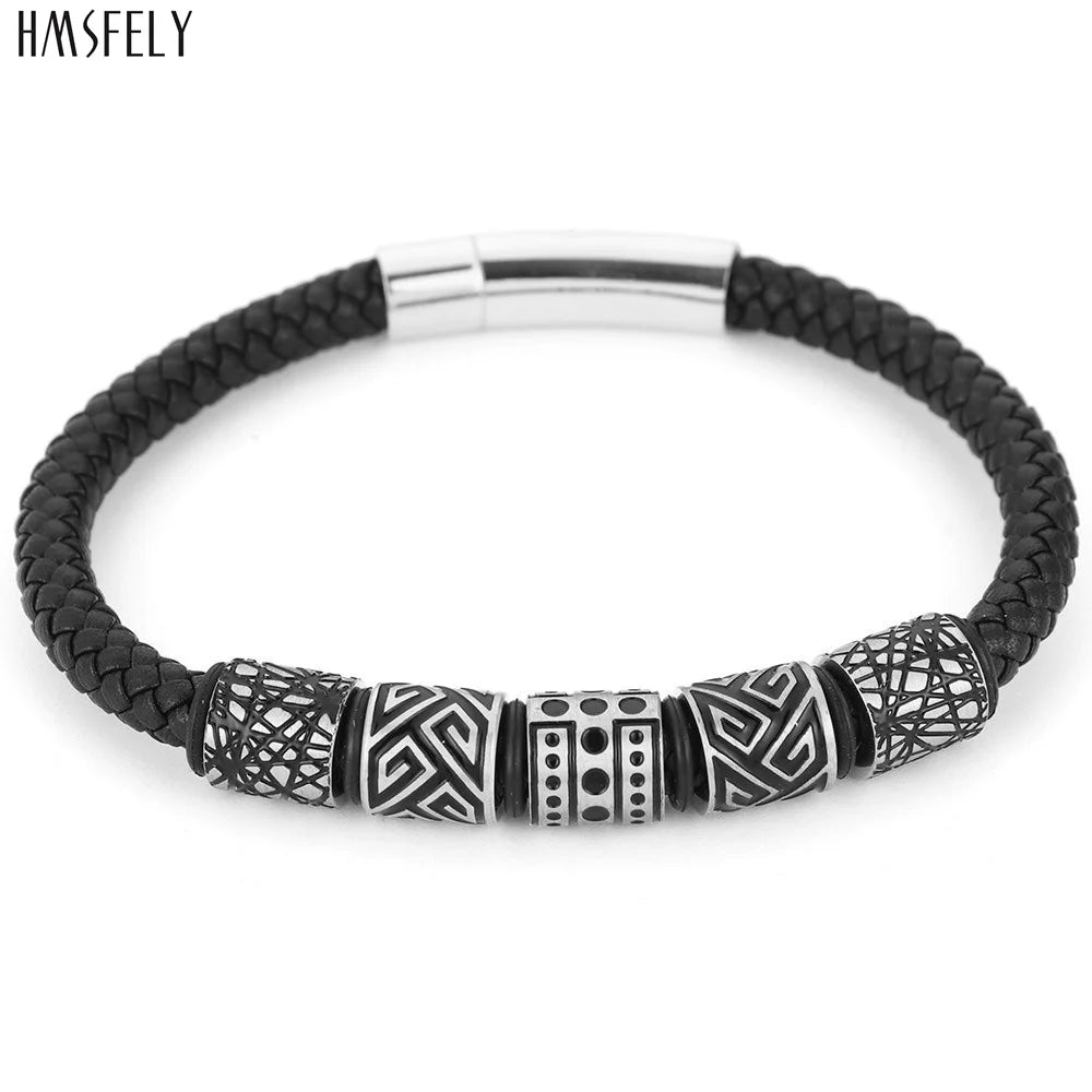 Gravín Tribal Bead Bracelet – Braided Leather & Steel Core