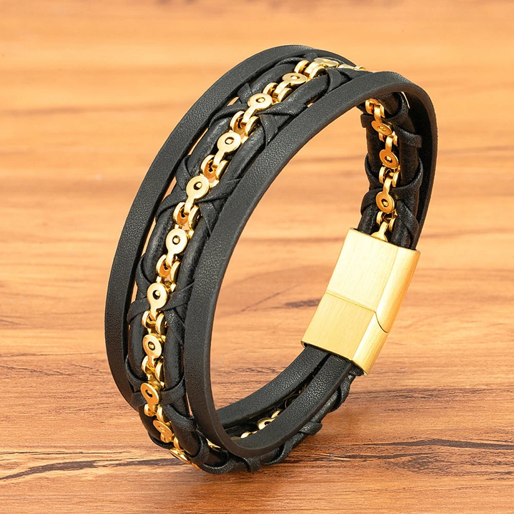 ForgeLayer | Multilayer Leather Bracelet with Chain Detail & Magnetic Clasp