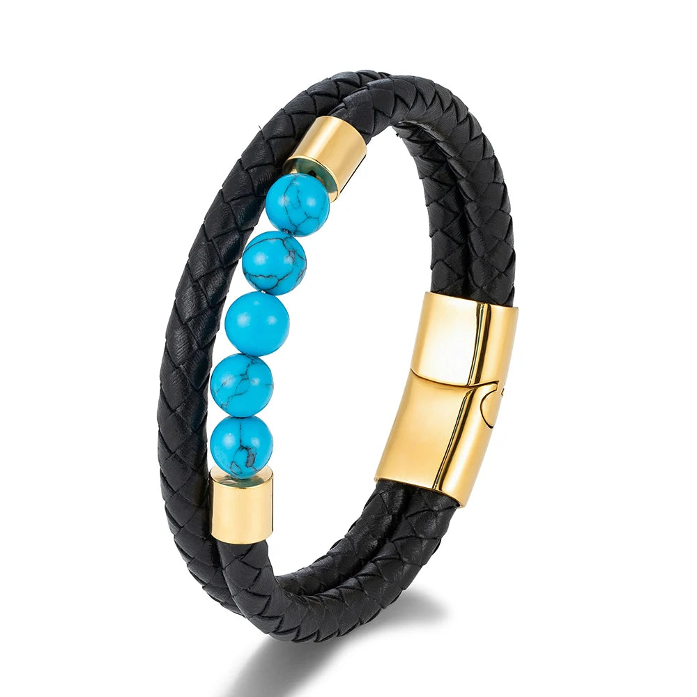 Double-Layer Leather Bracelet with Natural Stone Beads | Gravín Edge