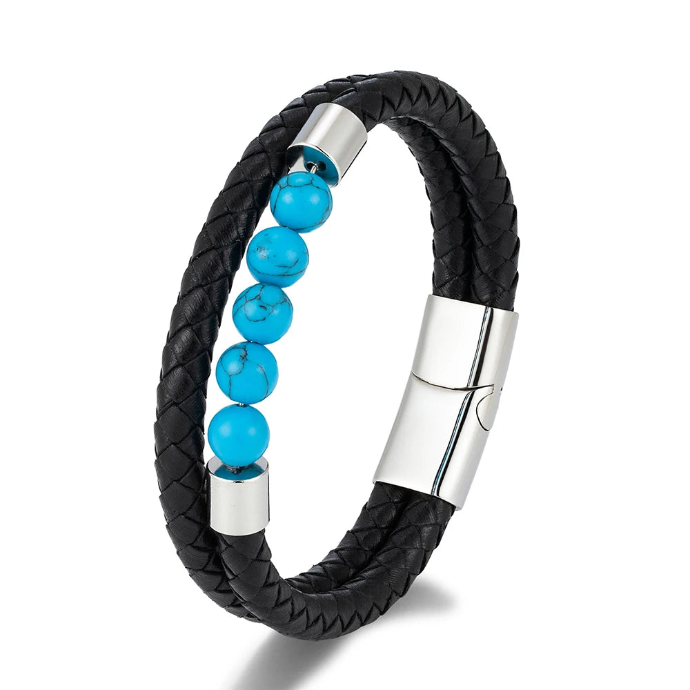 Double-Layer Leather Bracelet with Natural Stone Beads | Gravín Edge