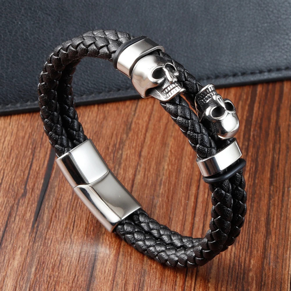 Braided Leather Skull Bracelet – Stainless Steel Magnetic Clasp