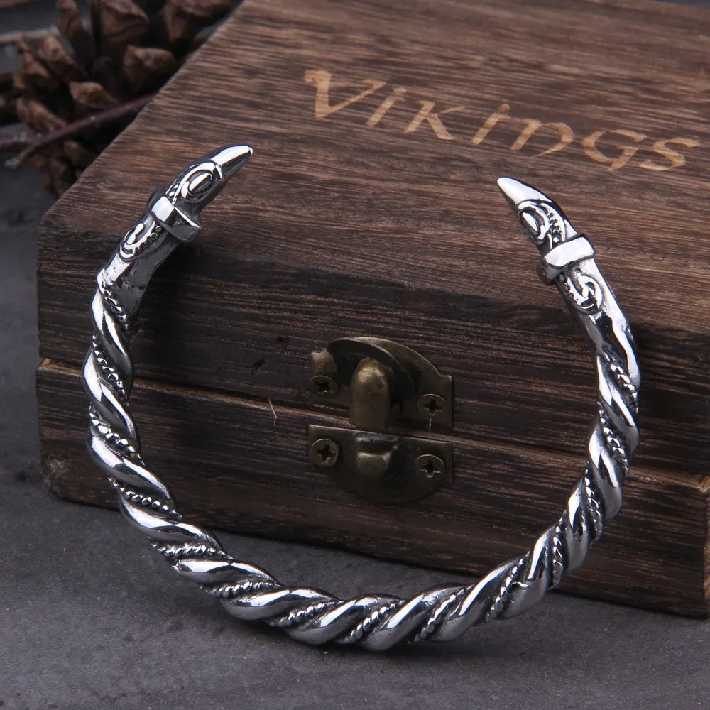 Raven Fang Cuff – Viking Steel Bracelet with Wooden Box