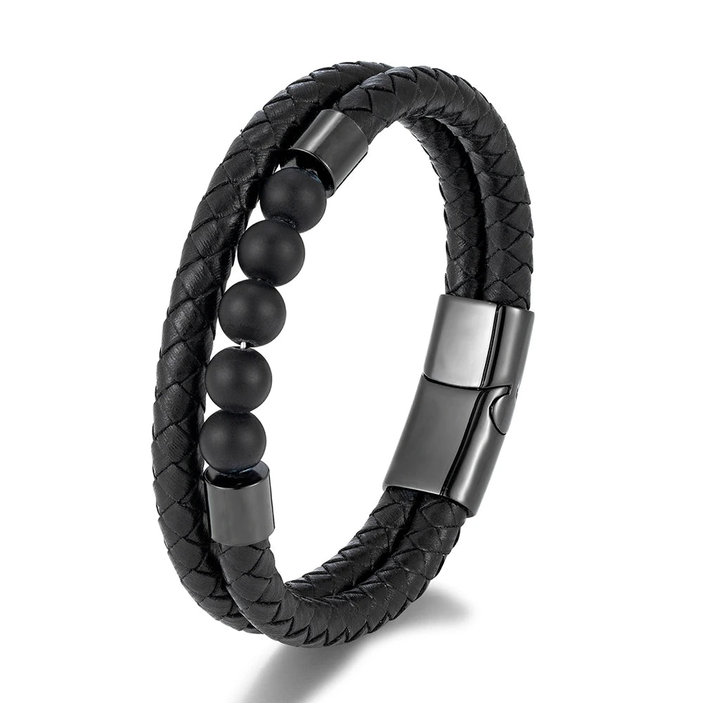 Double-Layer Leather Bracelet with Natural Stone Beads | Gravín Edge