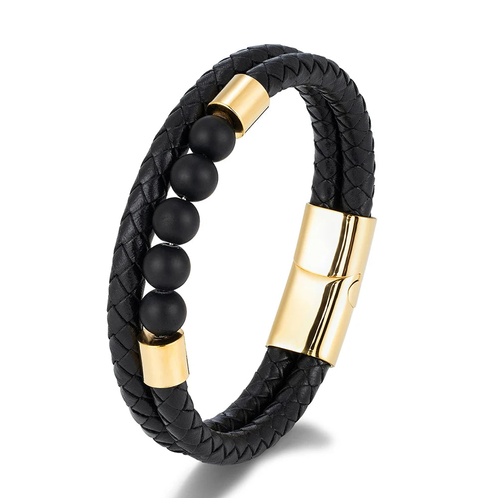 Double-Layer Leather Bracelet with Natural Stone Beads | Gravín Edge
