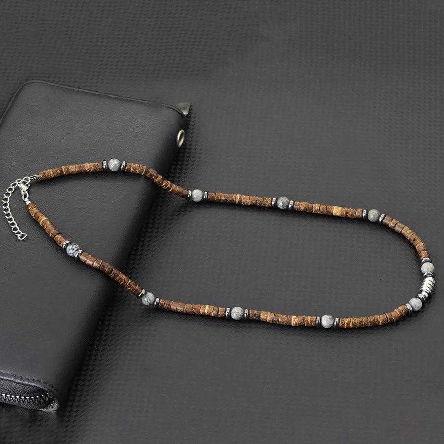 Natural Coconut Husk & Volcanic Stone Necklace – 5mm Tribal Collar for Men