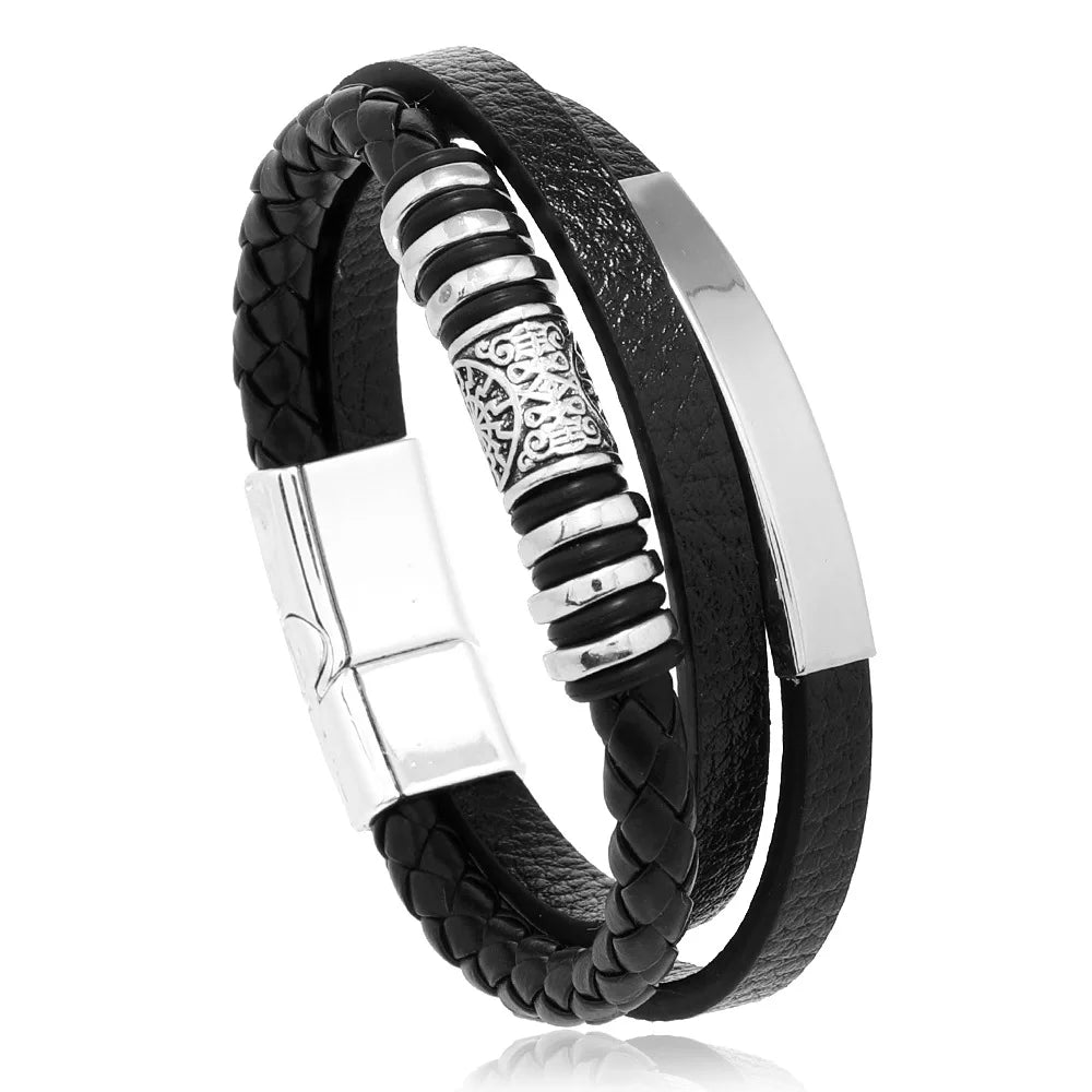 Gravín Layered Leather Bracelet – Braided & Steel Combo