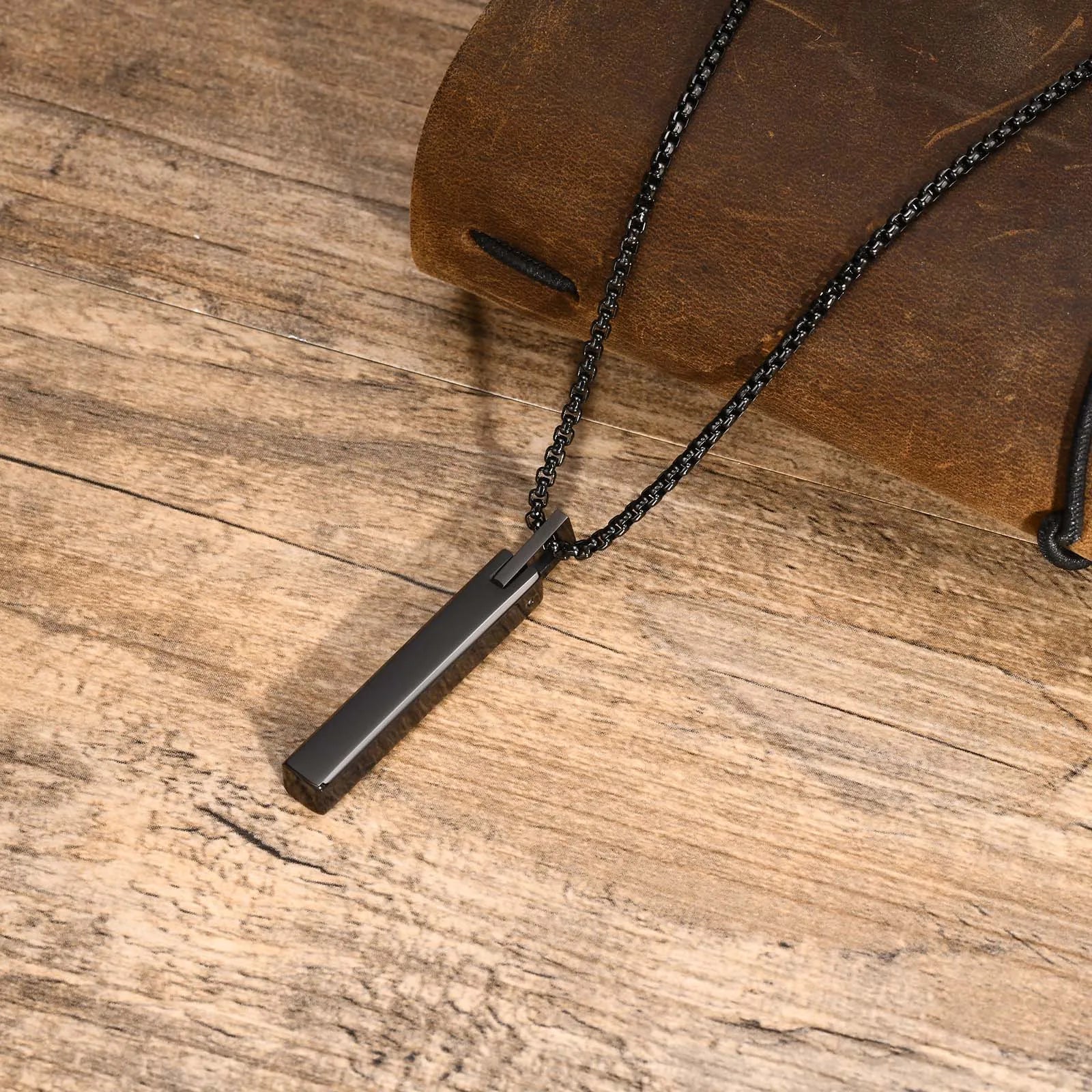 Geometric Black Bar Pendant – Waterproof Stainless Steel Necklace for Men