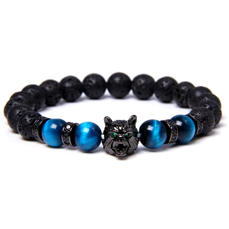 Alpha Wolf Lava Stone Bracelet – Blue Tiger Eye Beads | Gravín Totem