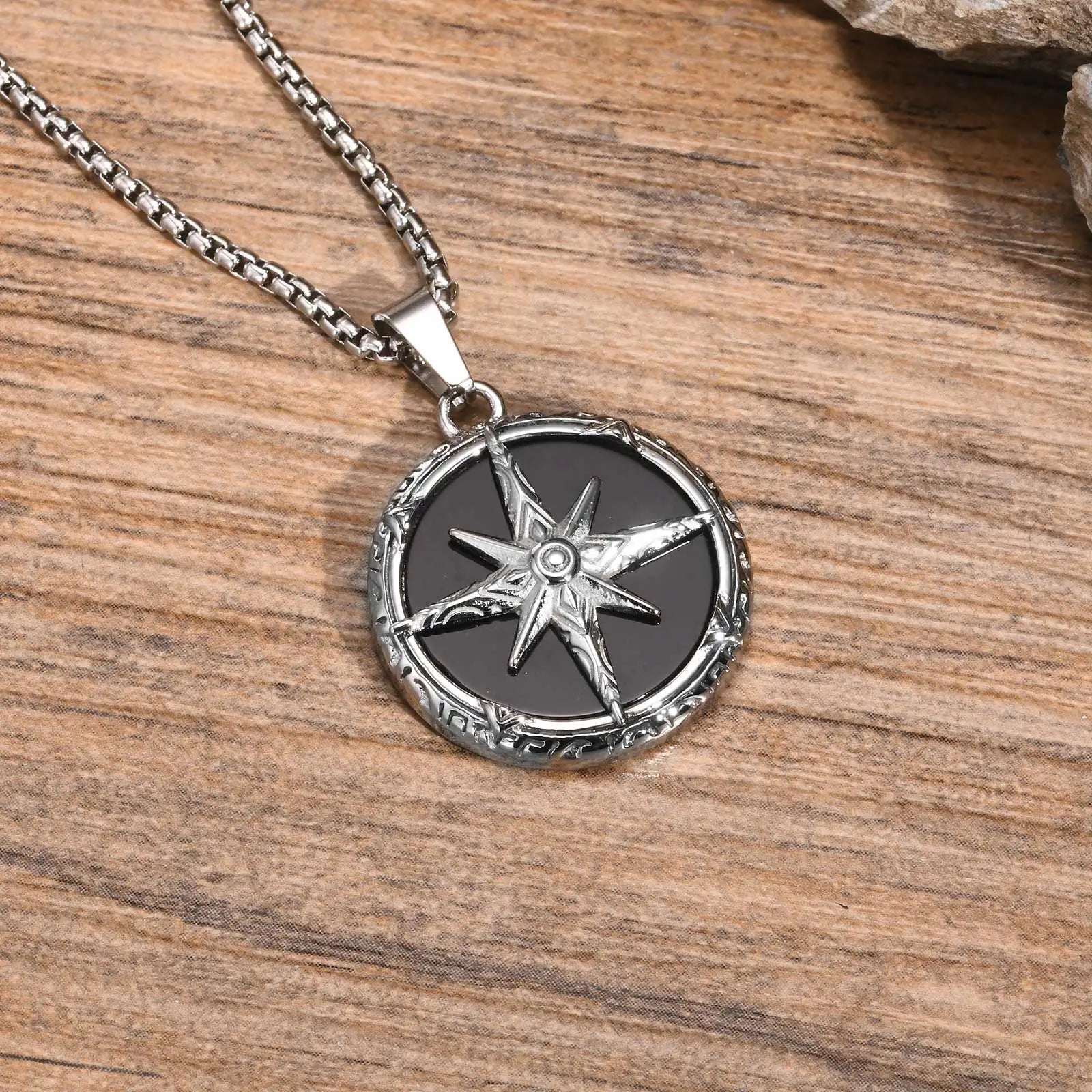 Compass Pendant with Natural Stone – Stainless Steel Star Necklace for Men