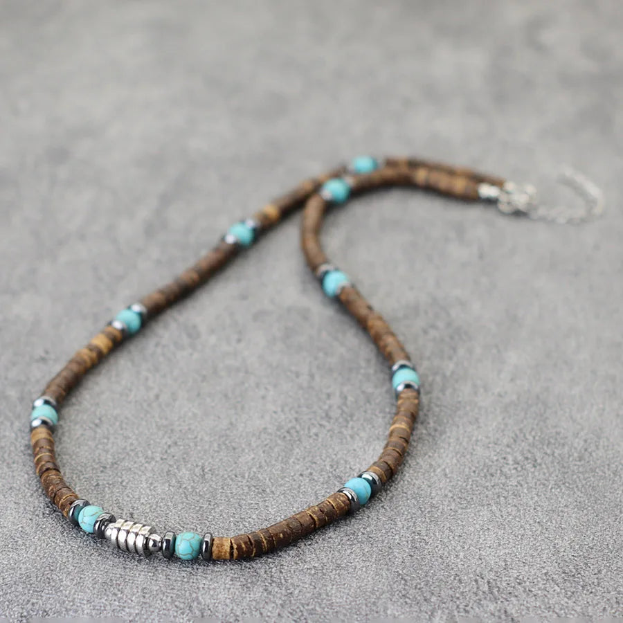 Natural Coconut Husk & Volcanic Stone Necklace – 5mm Tribal Collar for Men