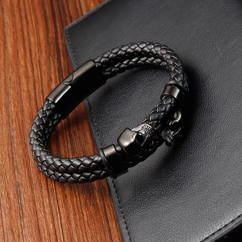 Braided Leather Skull Bracelet – Stainless Steel Magnetic Clasp