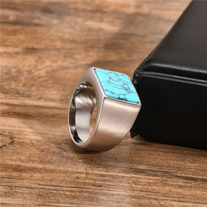 ZORCVENS Blue Nature Stone Ring for Men Boys,316l Stainless Steel Square Ring,Thumb Ring Male Jewelry Gifts