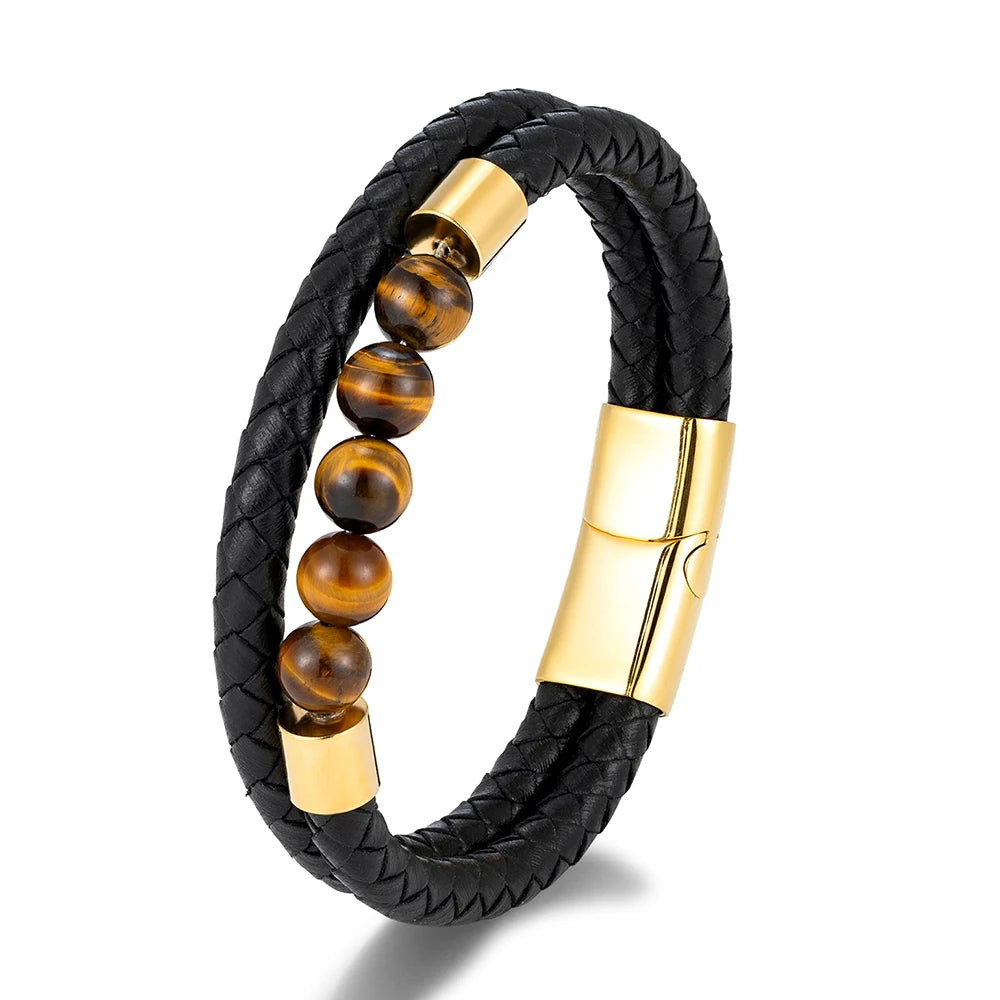 Double-Layer Leather Bracelet with Natural Stone Beads | Gravín Edge