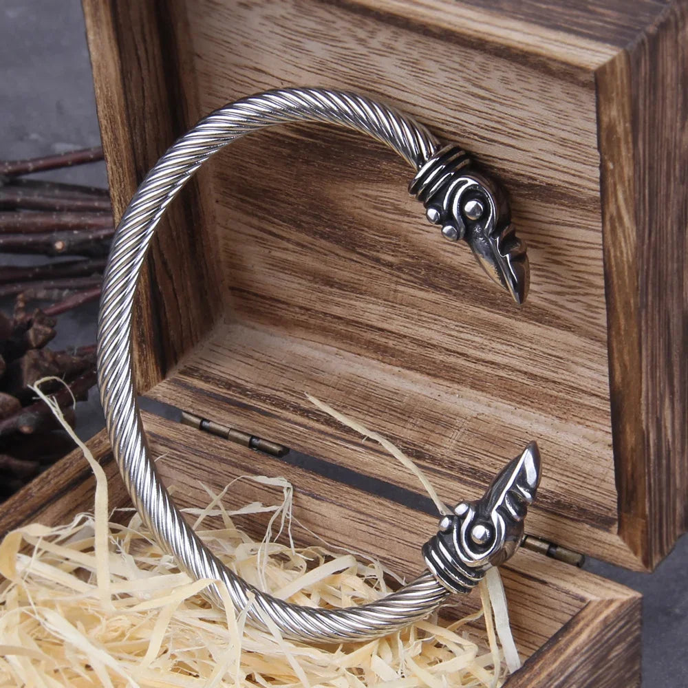 Raven Fang Cuff – Viking Steel Bracelet with Wooden Box