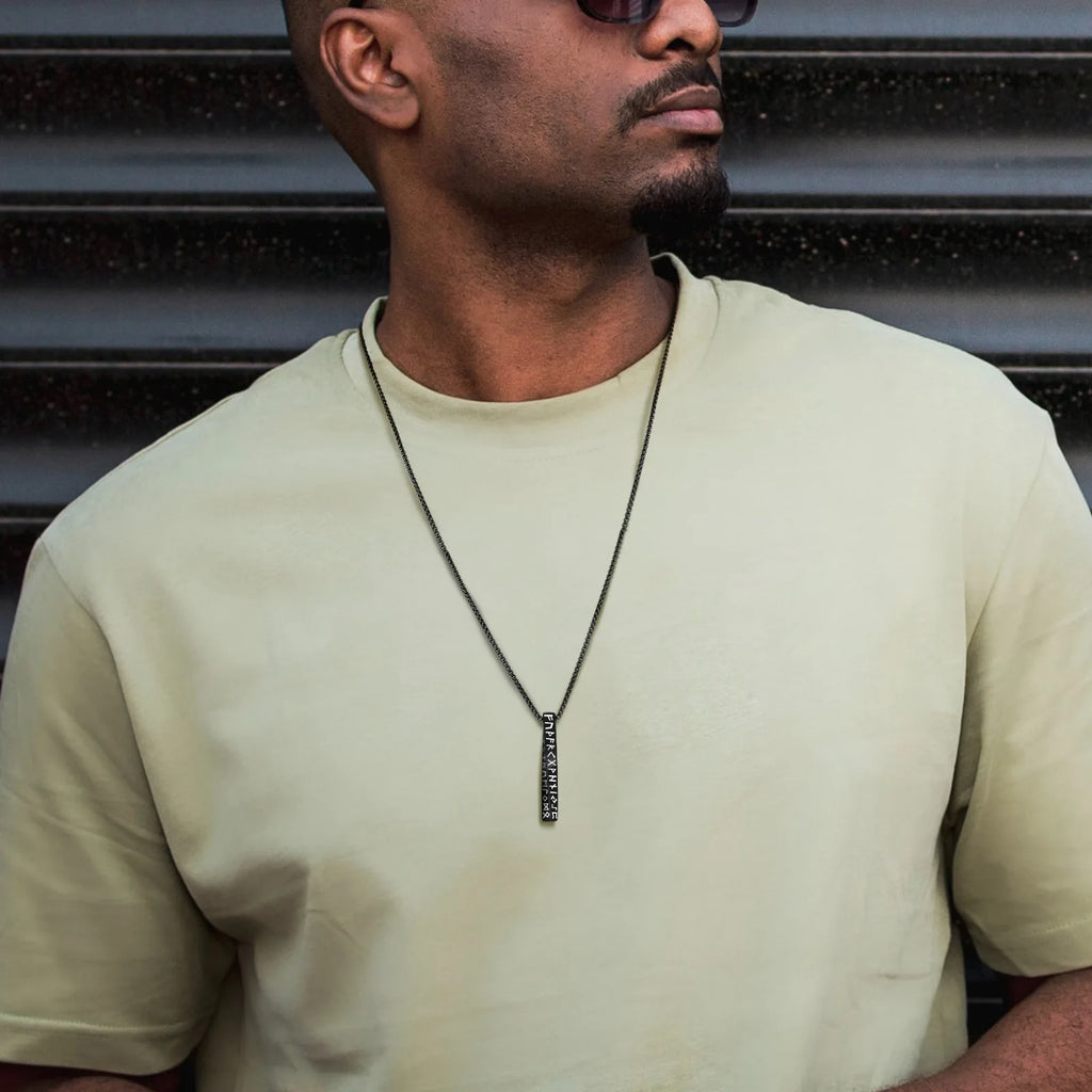 Viking Rune Bar Pendant – 3D Stainless Steel Protection Necklace for Men