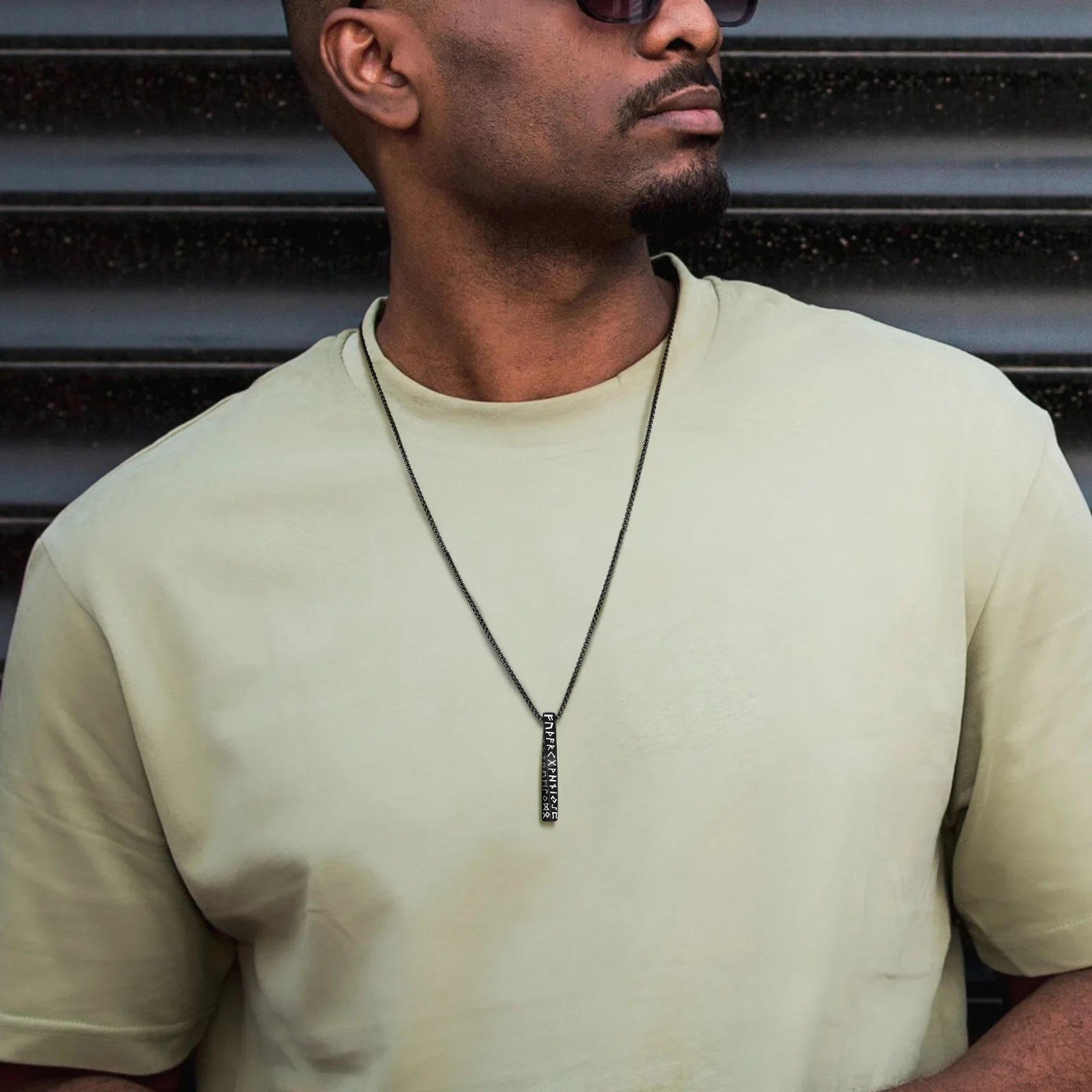 Viking Rune Bar Pendant – 3D Stainless Steel Protection Necklace for Men