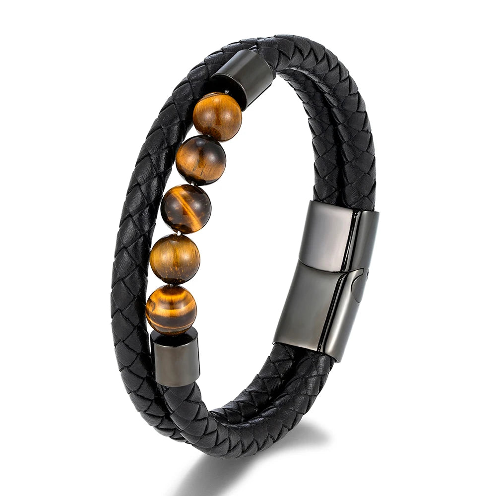 Double-Layer Leather Bracelet with Natural Stone Beads | Gravín Edge