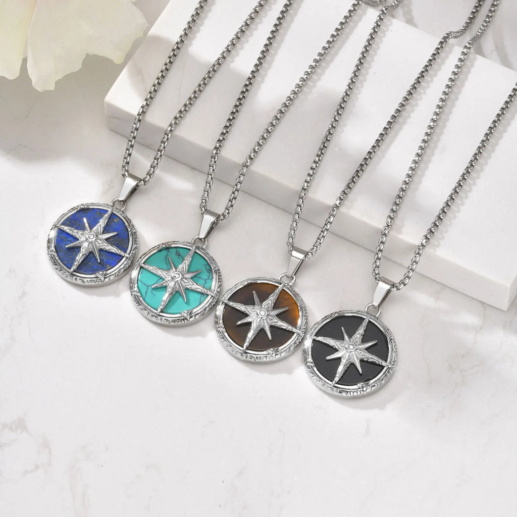 Compass Pendant with Natural Stone – Stainless Steel Star Necklace for Men