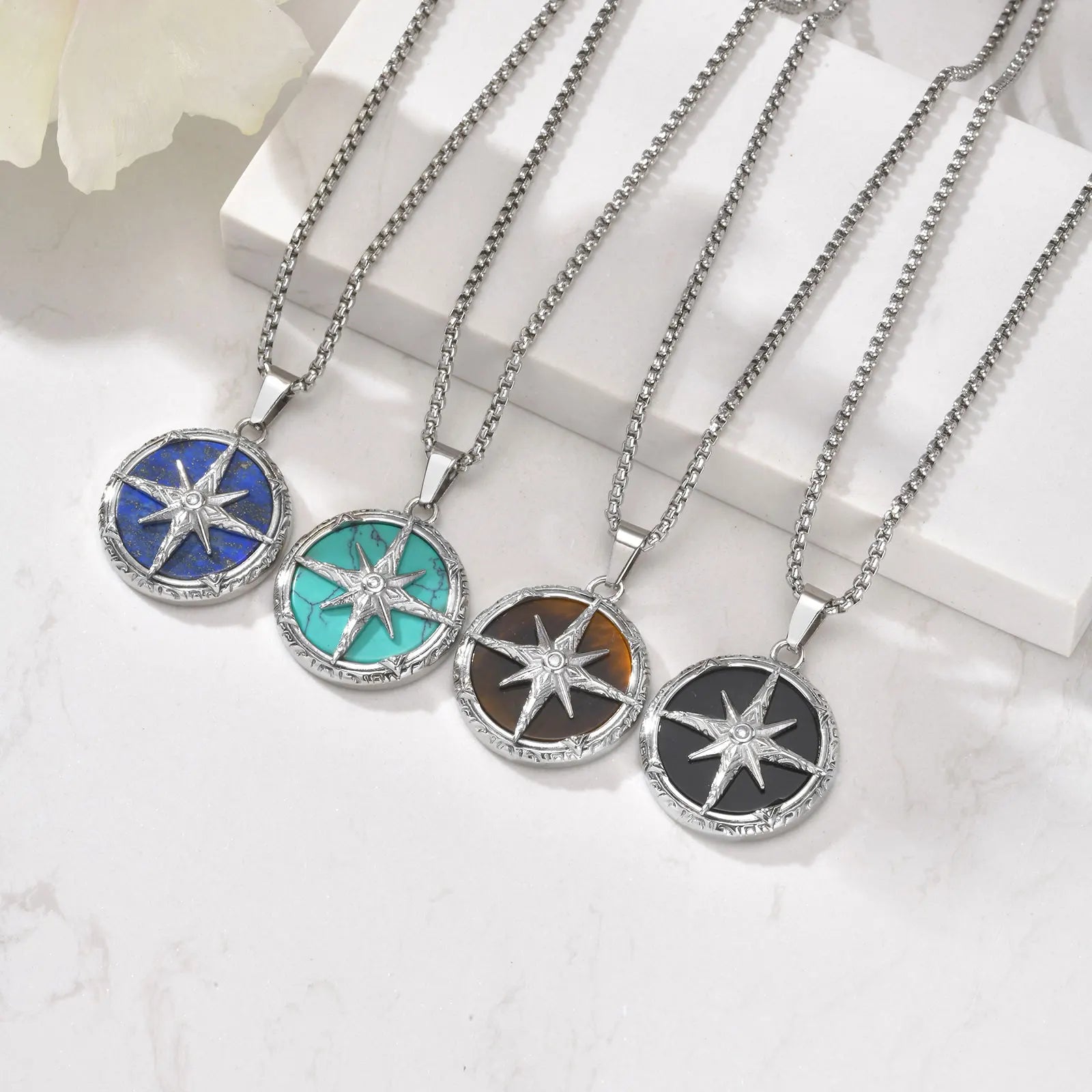 Compass Pendant with Natural Stone – Stainless Steel Star Necklace for Men
